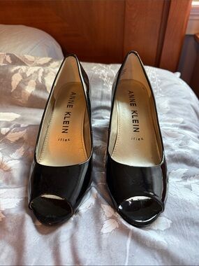 Anne Klein Black Patent Peep-Toe Heels